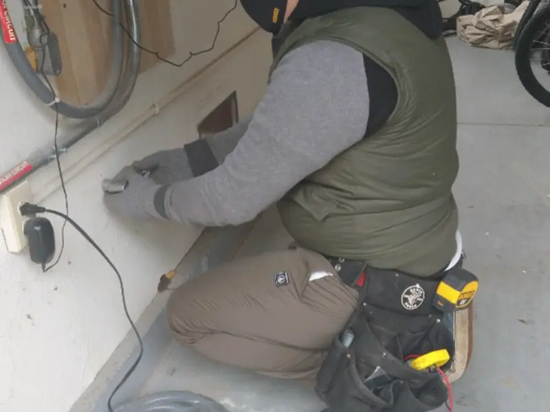 Electrician performing outlet wiring in a Ettrick garage